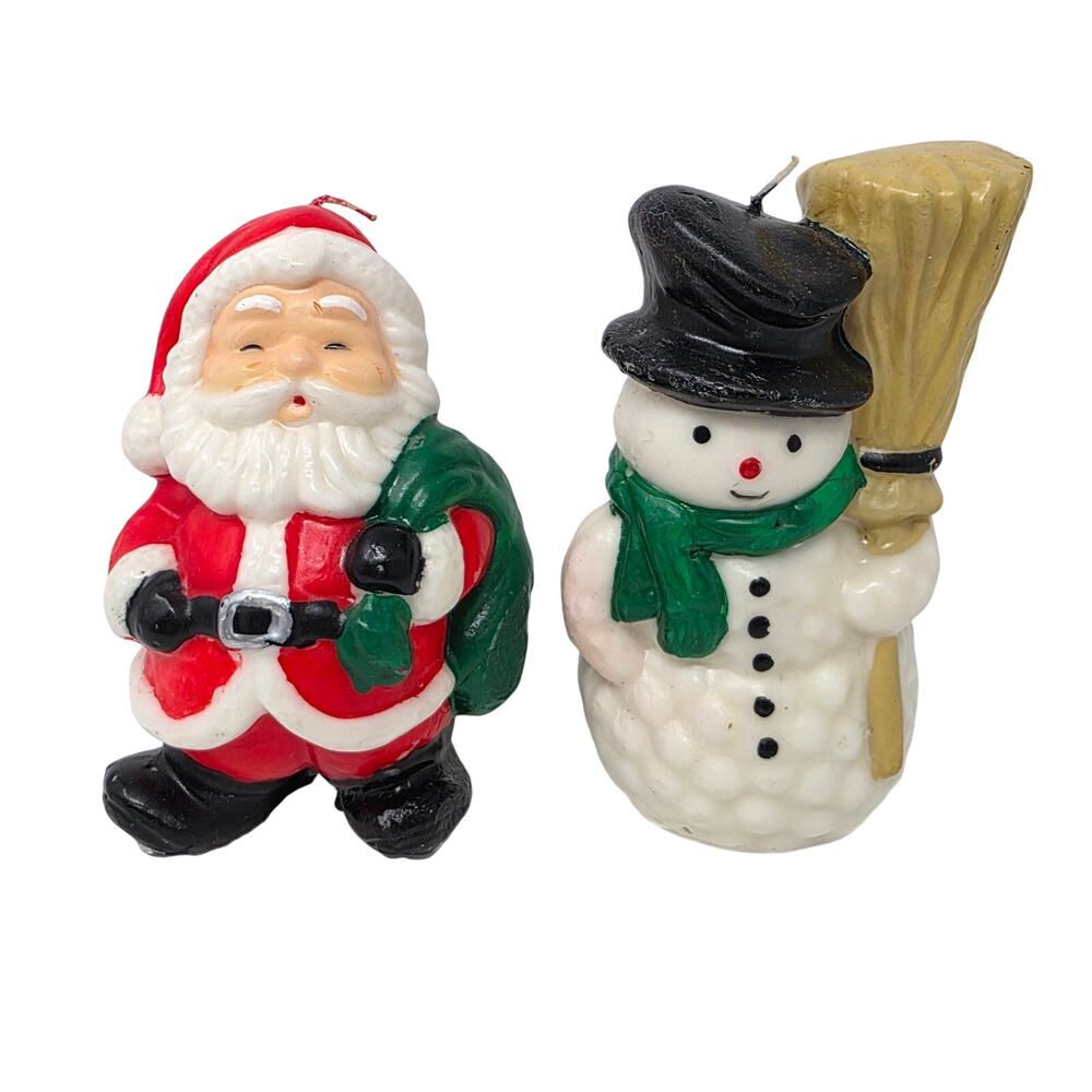 Vintage Santa & Snowman Wax Candle Pair Unused Christmas Holiday Decor